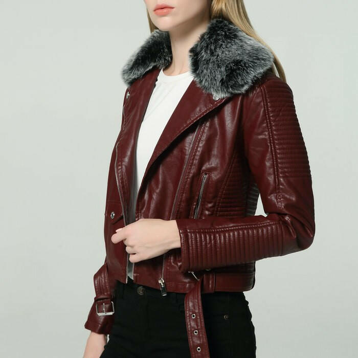 DETACHABLE FUR COLLAR WARM FAUX LEATHER JACKET Kashur Mart .