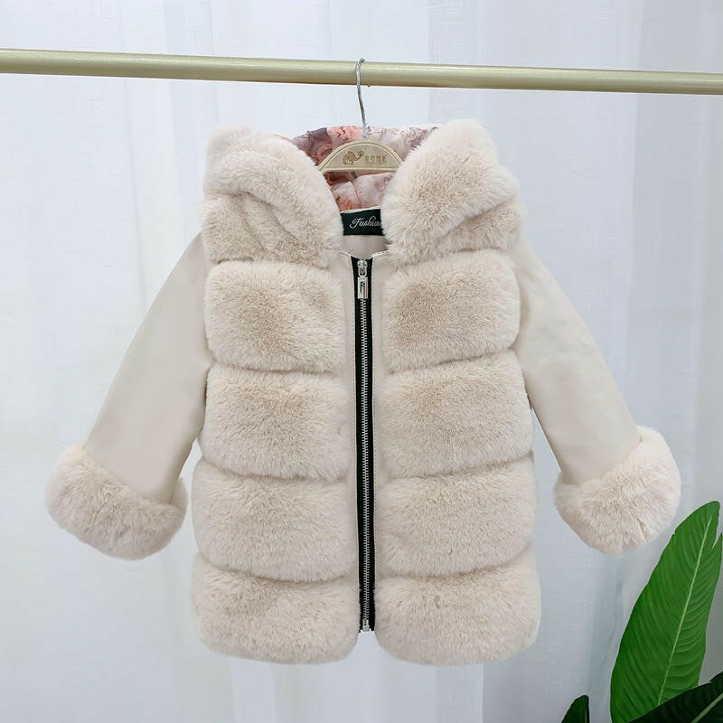 Children's Cotton Coat Rex Rabbit Hooded Faux Fur Coat.