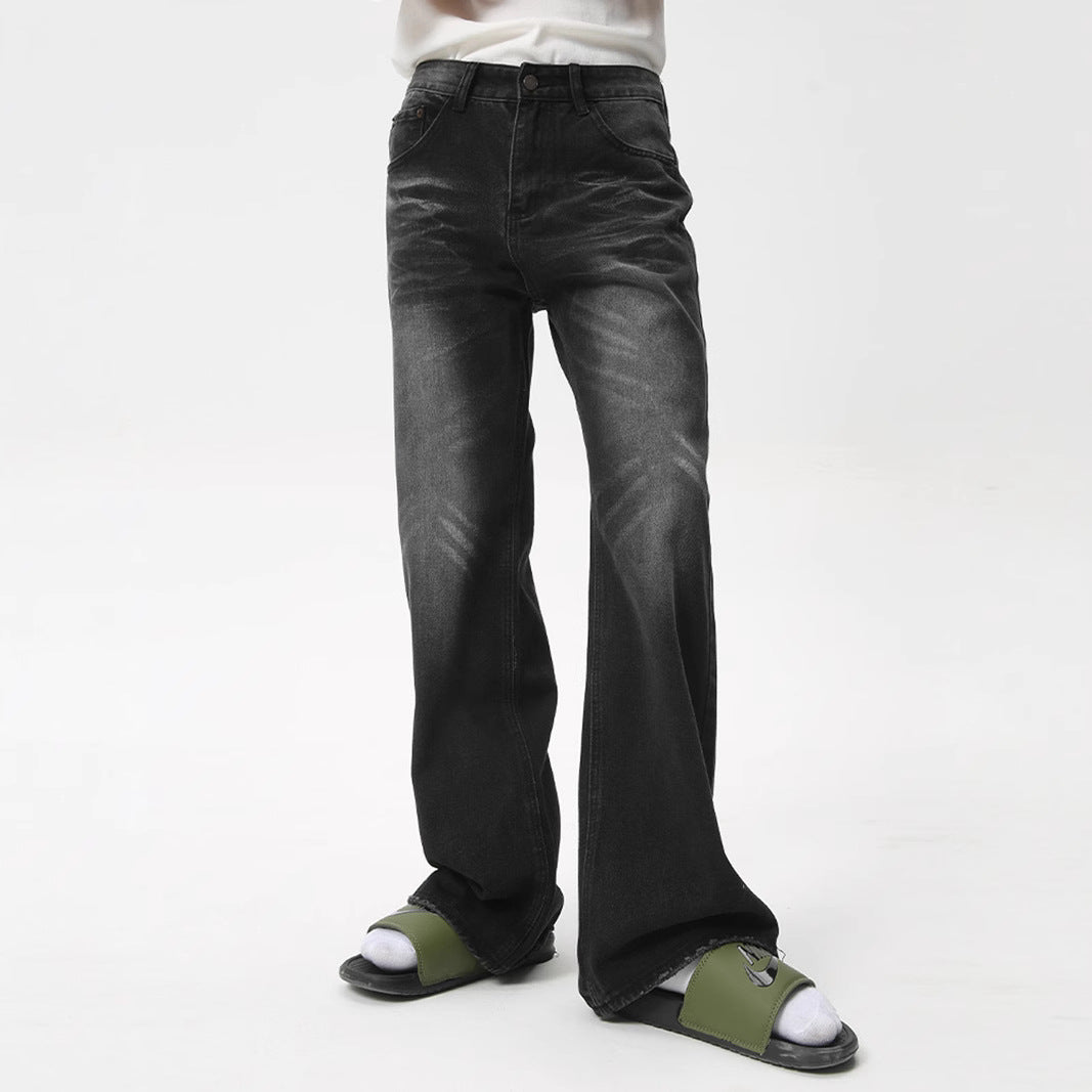 Retro Washed Black Slight Flare Denim Pants Men's High Street Slim Clean Fit Straight Leg Trousers