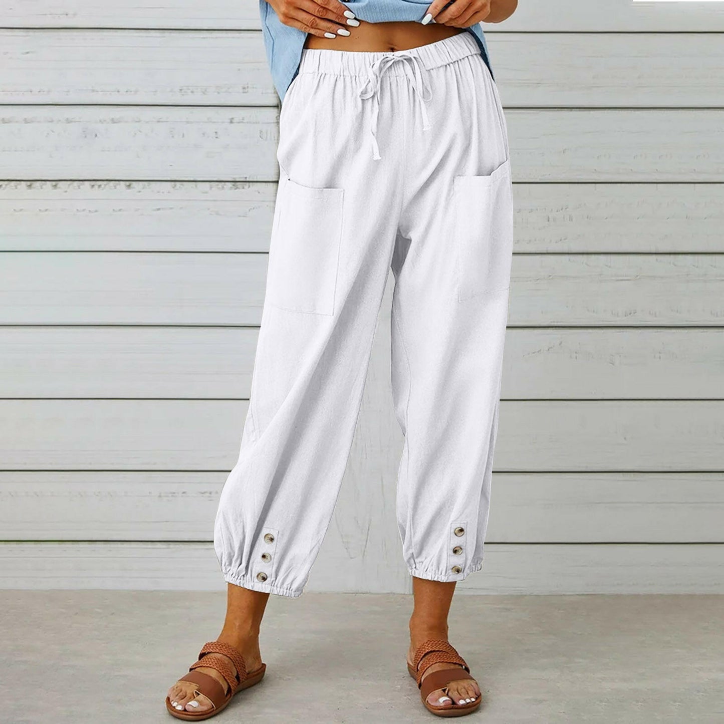 Women Drawstring Tie Pants Spring Summer Cotton And Linen Trousers With Pockets Button.