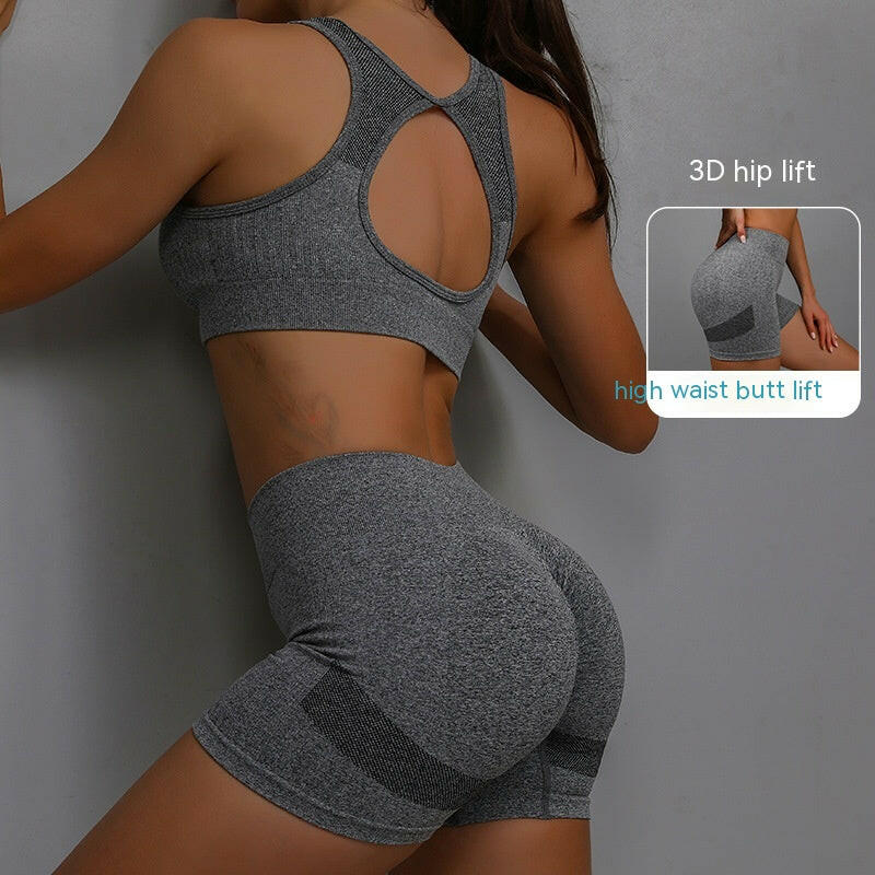 2pcs Sports Fitness Yoga Suit Breathable Hip-lifting Shorts And Hollow Out Back Bra Womens Clothing.