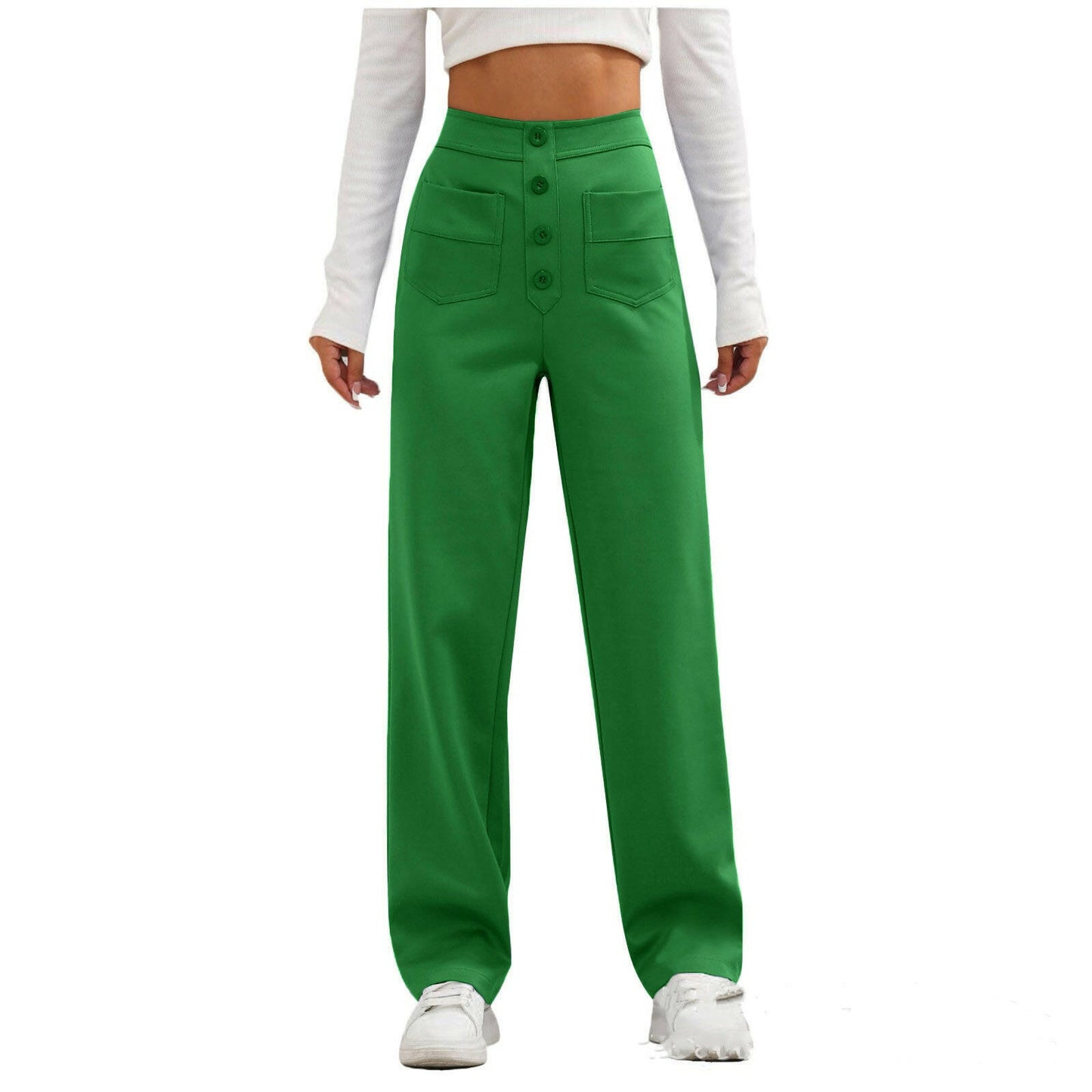 High Waist Trousers With Pockets Casual Loose Wide Leg Button Straight Pants Women's Clothing.