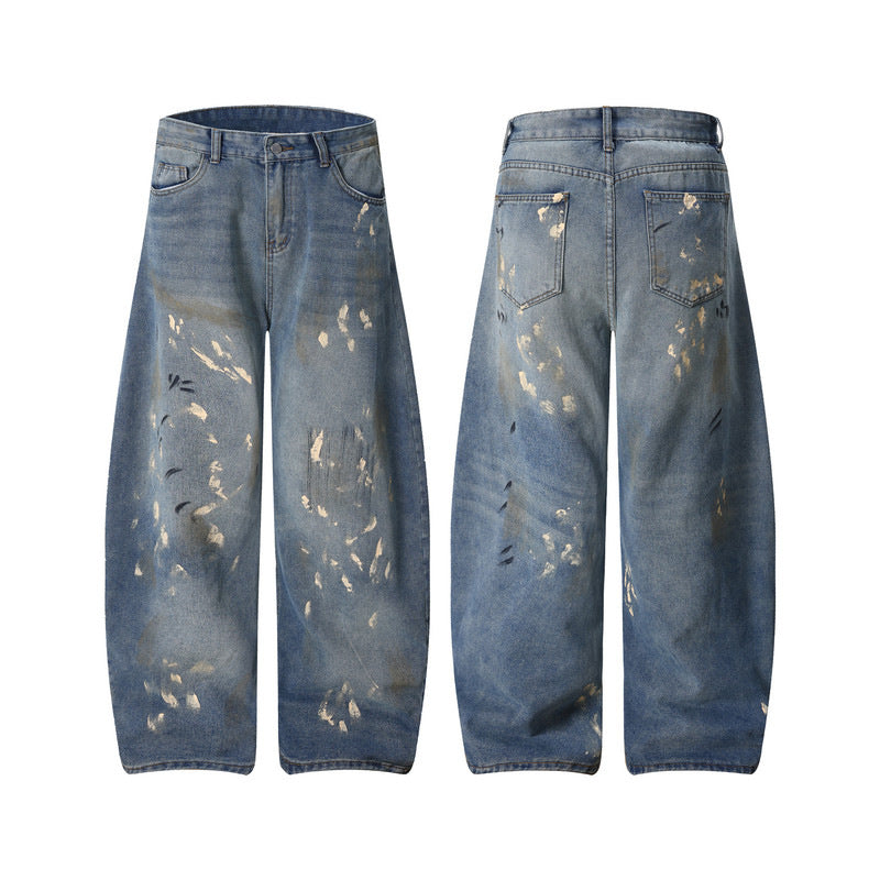 Distressed Splatter Paint Tapered Denim Pants Wide Leg Floor Length Long Pants