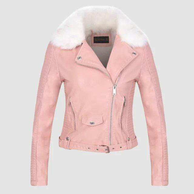 DETACHABLE FUR COLLAR WARM FAUX LEATHER JACKET Kashur Mart .