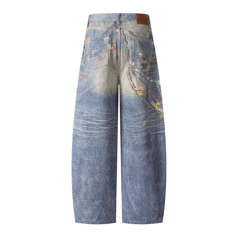 Spray painted chain teddy bear wide leg jeans