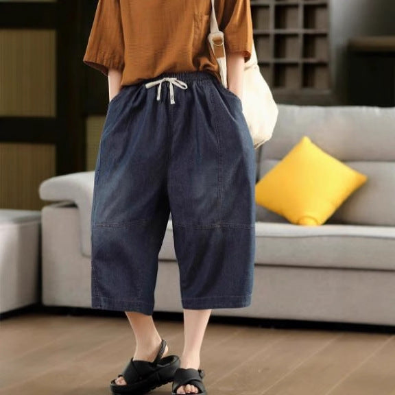 Retro Cotton Denim Pants Women's Water-Washed Faded Loose Casual Trousers 3D Patchwork Slimming Capri Pants