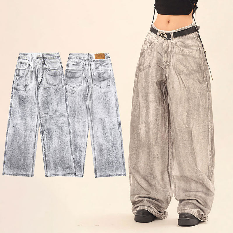 Wash and tie dye straight leg loose jeans