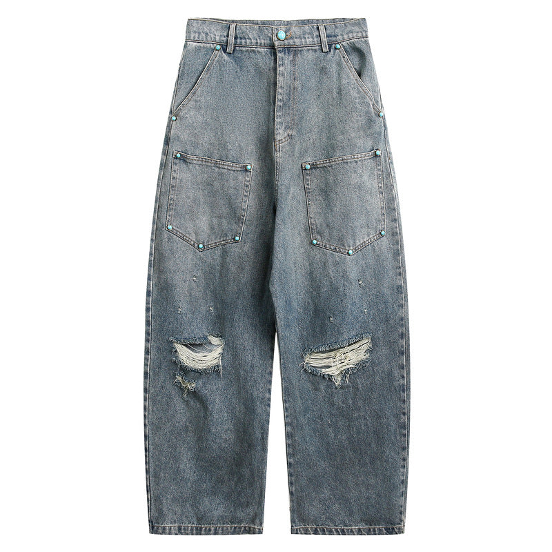 Denim Pants with Studs and Buttons Loose Fit Long Trousers for Men and Women
