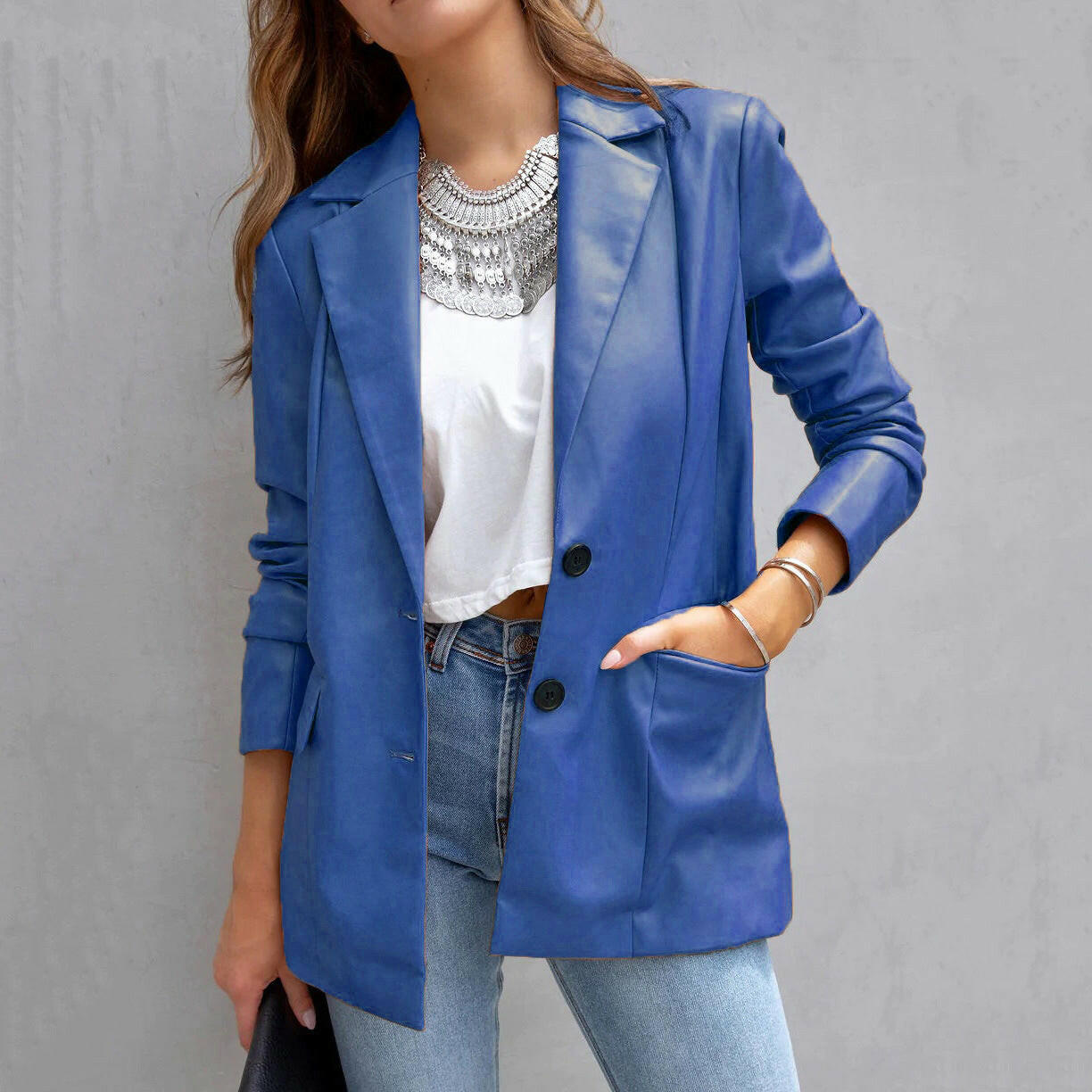 Long Sleeve Button Pu Cardigan Coat For Women.