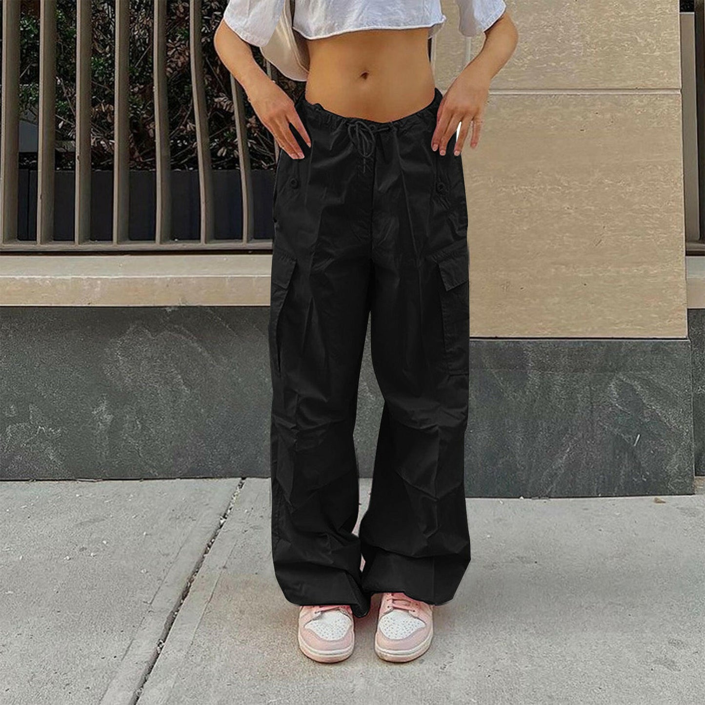Casual Cargo Pants For Women Solid Color Drawstring Pocket Design Fashion Street Trousers Girls.