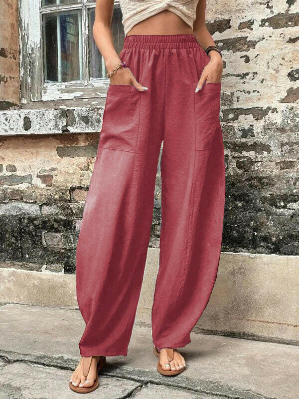 Women's Harem Pants With Pockets High Waisted Casual Beach Pants Loose Trousers Summer.