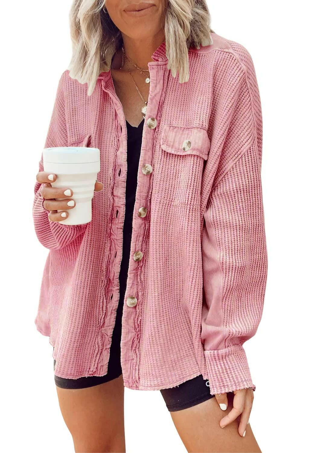 Button Shirt Jacket Women Lapel Long Sleeve Blouse Fashion Jacket Tops.