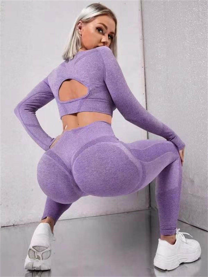 2pcs Sports Suits Long Sleeve Hollow Design Tops And Butt Lifting High Waist Seamless Fitness Leggings Sports Gym Sportswear Outfits Clothing.