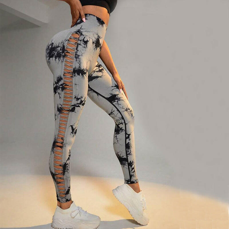 Hollow Tie Dye Printed Yoga Pants High Waist Butt Lift Seamless Sports Gym Fitness Leggings Slim Pants For Women Tight Trousers.