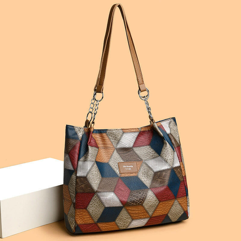 Retro Geometric Pattern Color-matching Shoulder Bag Fashion Large Capacity Stitching Handbag For Women Totes.