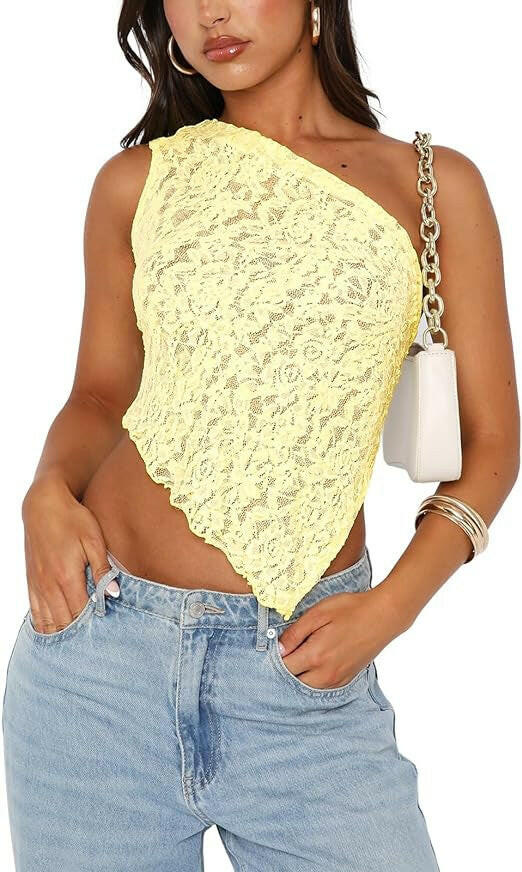 Ins Lace Backless Top Summer Solid Color Waistless Asymmetrical Sloped Neck Vest Streetwear Womens Clothes.