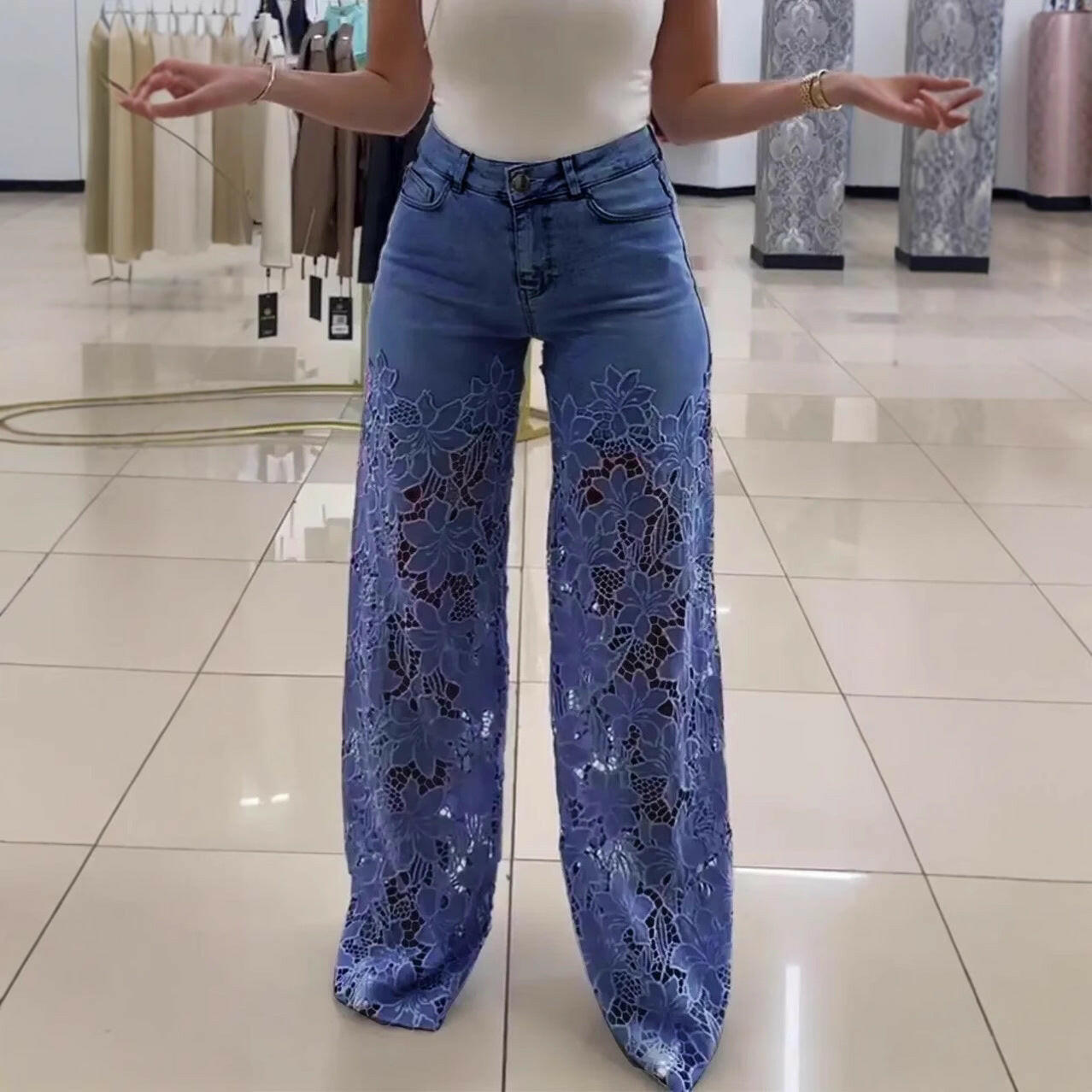 Y2K Lace Flowers Hollow Jeans Fashion High Waist Straight Wide Leg Pants Solid Color Trousers Women's Clothing.