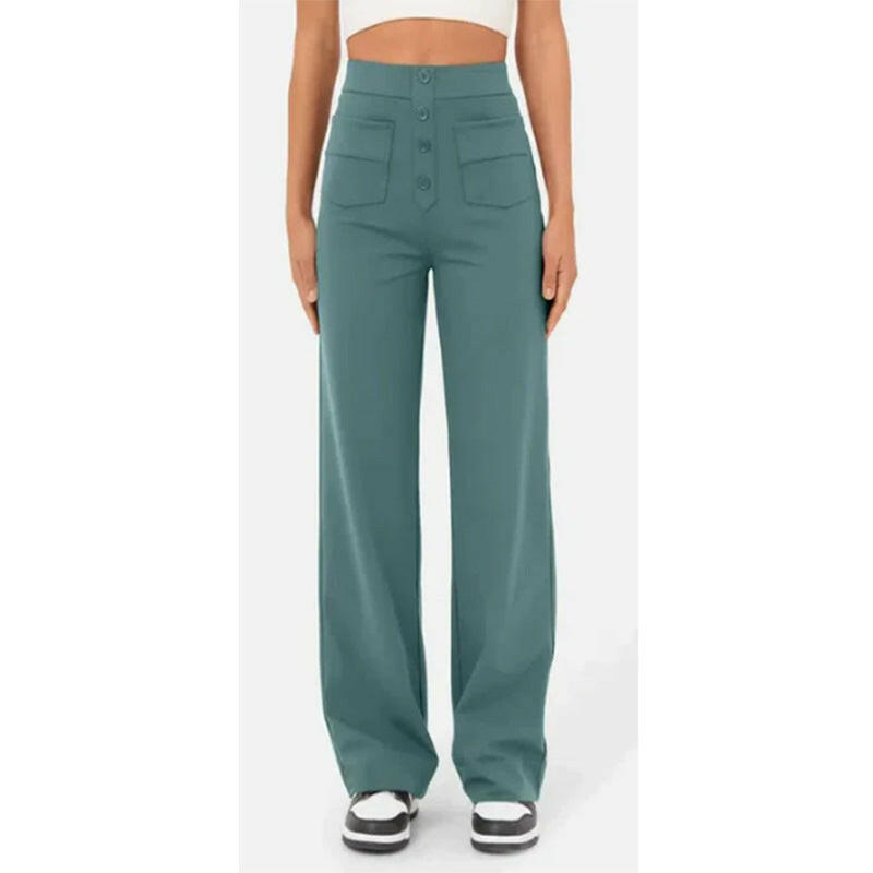 High Waist Trousers With Pockets Casual Loose Wide Leg Button Straight Pants Women's Clothing.