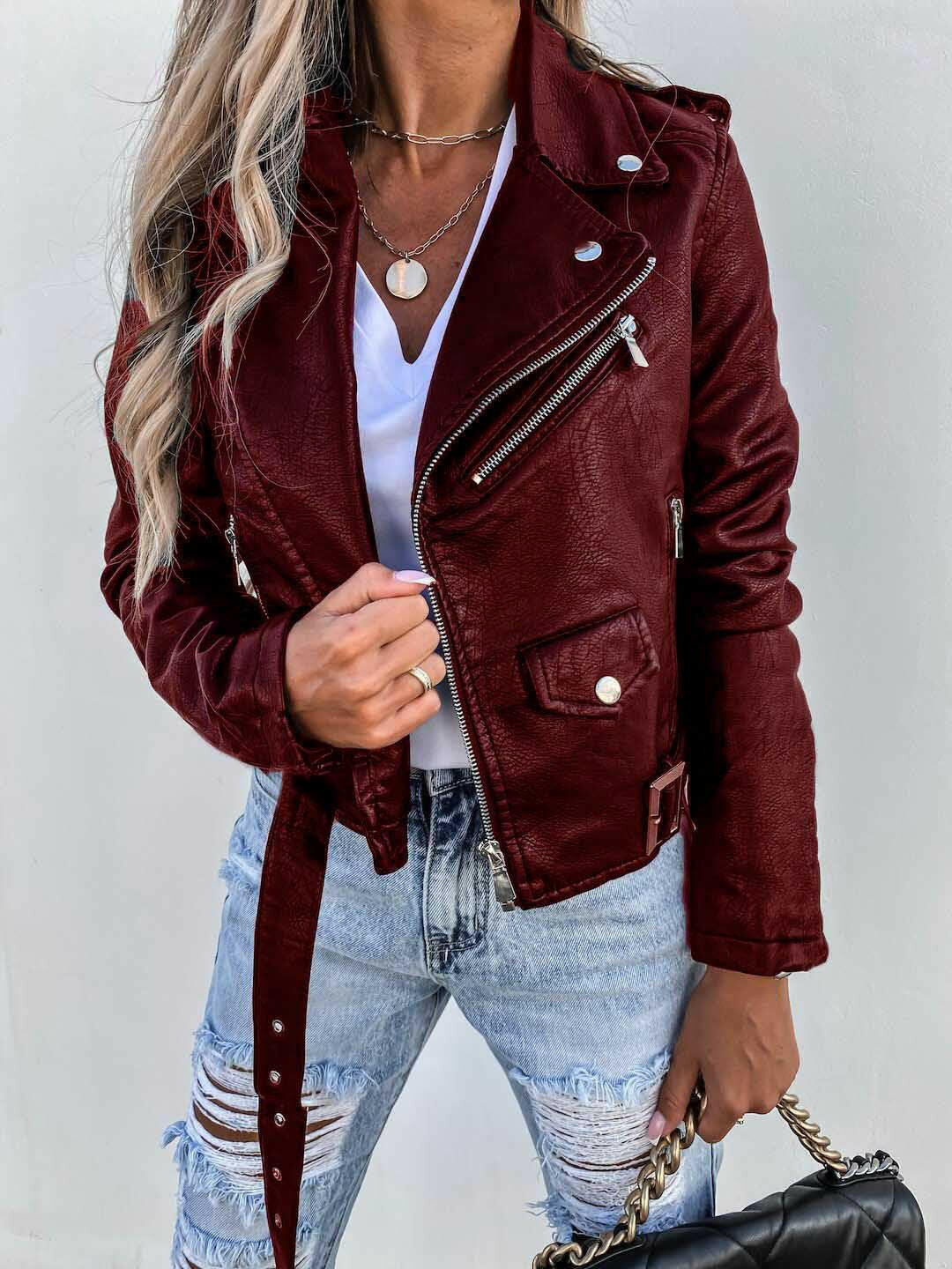 Jacket Top PU Leather Coat Short Zipper.