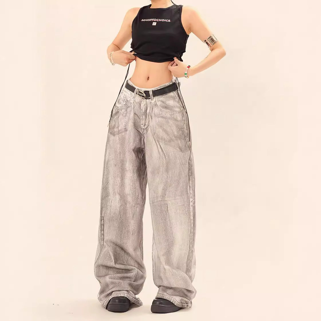 Wash and tie dye straight leg loose jeans