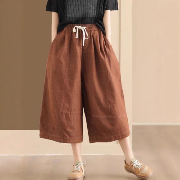 Vintage Washed Denim Wide-Leg Pants with Diamond Patchwork Seven-Quarter Length Loose and Slimming Skirt Trousers Casual Pants