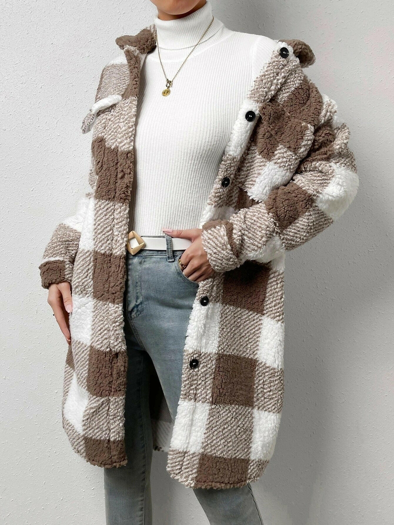 Button Lapel Plush Plaid Coat Loose.