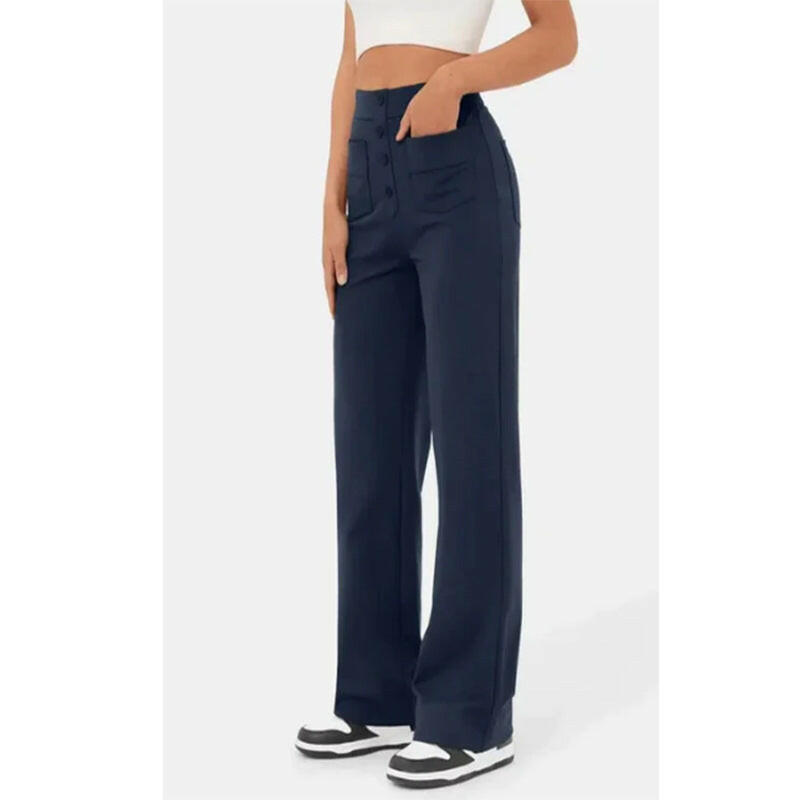 High Waist Trousers With Pockets Casual Loose Wide Leg Button Straight Pants Women's Clothing.