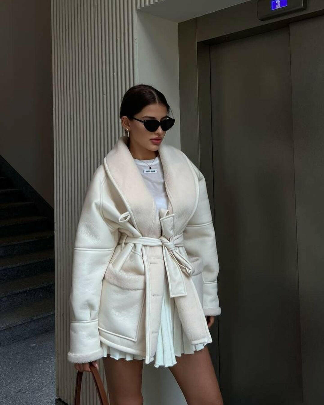 Leather And Fur Korean Style Long Sleeve Splicing Coat Women.