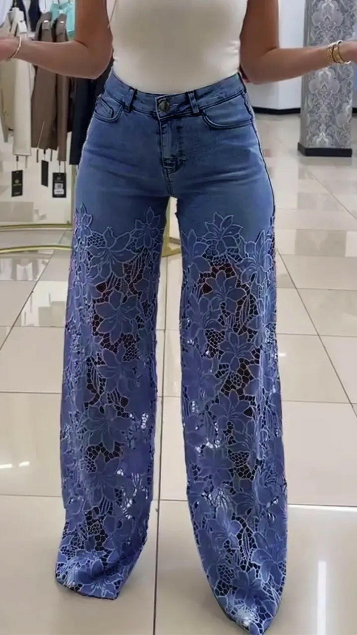 Y2K Lace Flowers Hollow Jeans Fashion High Waist Straight Wide Leg Pants Solid Color Trousers Women's Clothing.