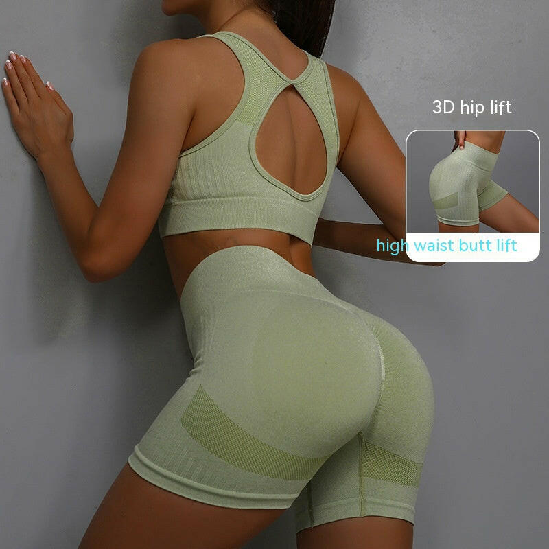 2pcs Sports Fitness Yoga Suit Breathable Hip-lifting Shorts And Hollow Out Back Bra Womens Clothing.