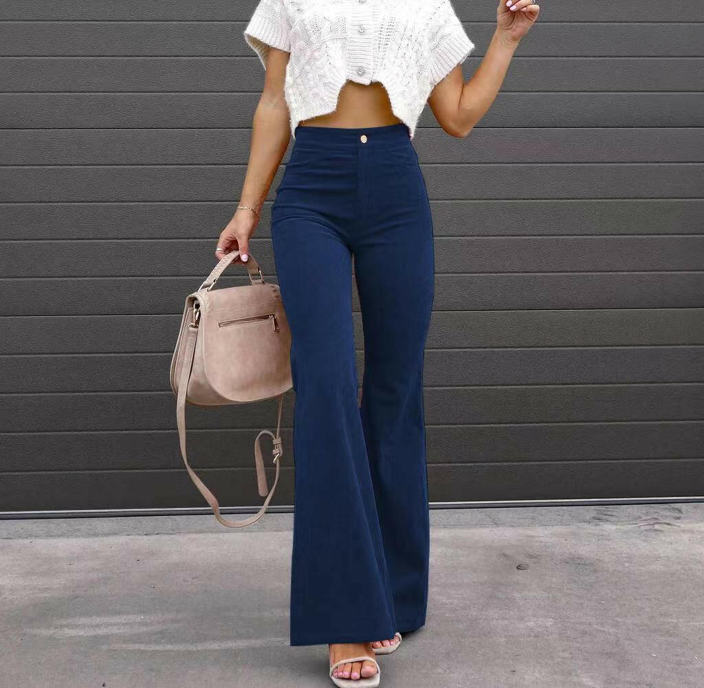 Solid Color Mid-waist Slim-fit Micro Flared Pants Corduroy.