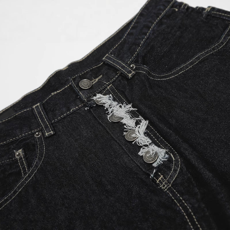 Street Style Original Denim Color Distressed Snap Button Design Clean Fit Loose Straight Leg Long Pants