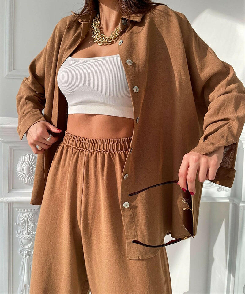 Womens Button Down Lounge Sets Long Sleeve Shirts And 2 Piece Outfit Set Casual Loungewear With Pockets.