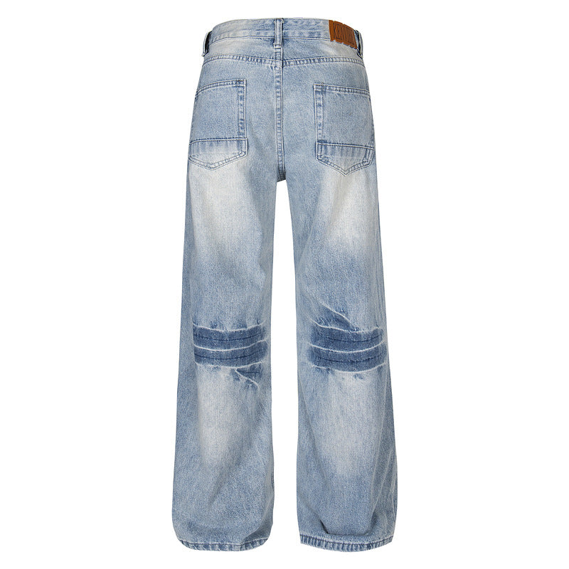 Washed Light Color Faded Lightning Pattern Denim Trousers Straight Leg Floor-Length Couples
