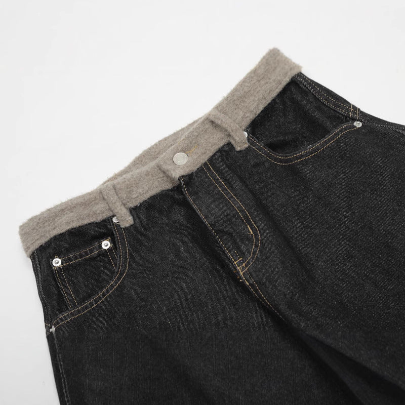Street Style Reversible Design Men's Jeans Water Washed Vintage Waist Spliced Fleece Straight Leg Wide Leg Tapered