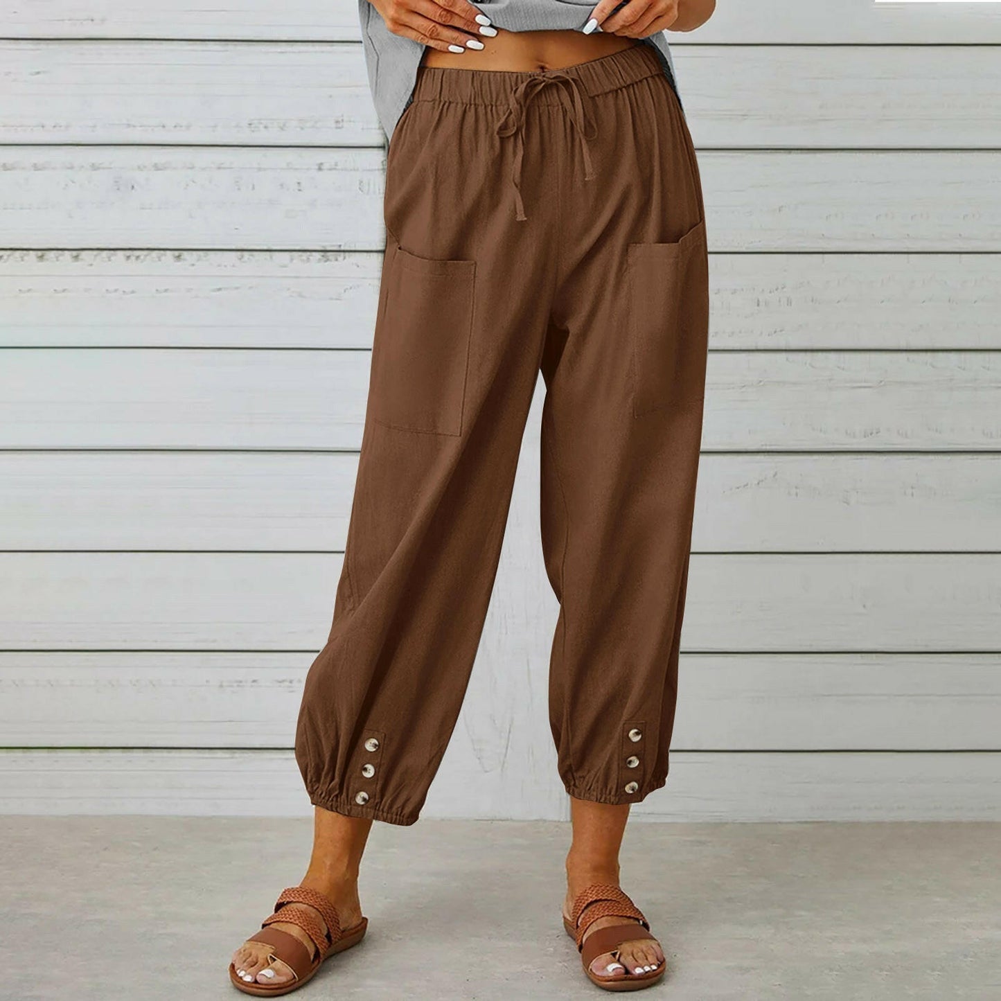 Women Drawstring Tie Pants Spring Summer Cotton And Linen Trousers With Pockets Button.