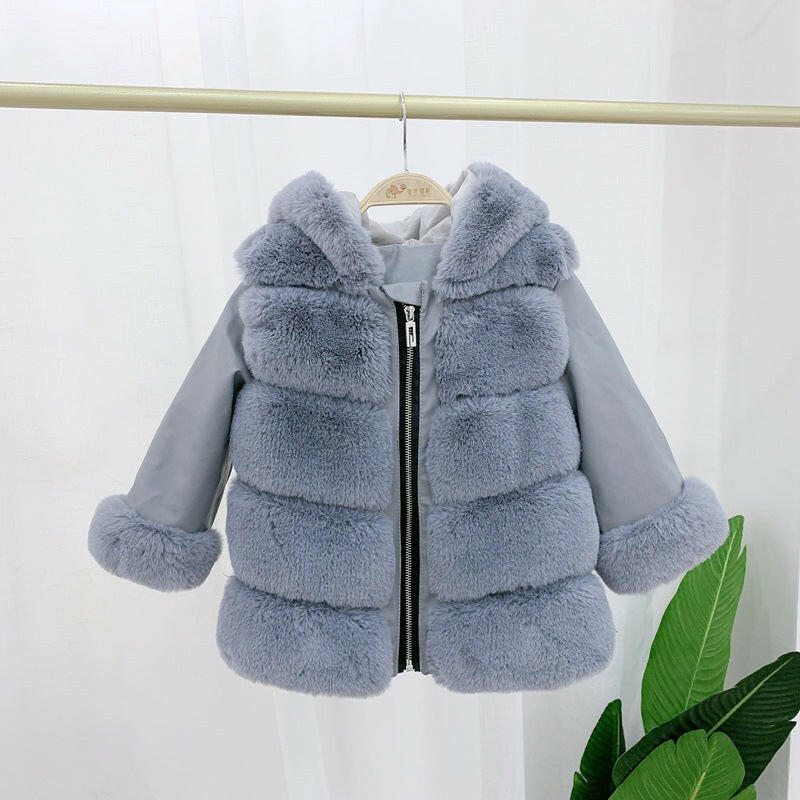 Children's Cotton Coat Rex Rabbit Hooded Faux Fur Coat.