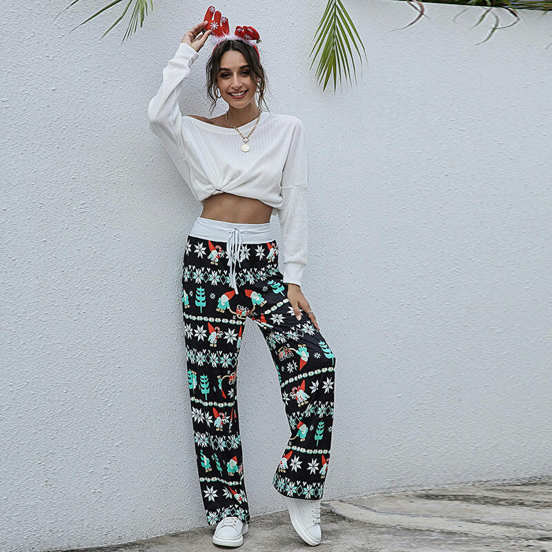 Christmas Print Pants Women Fashion Casual Drawstring Trousers With Christmas Snowflake Tree Elk Print.