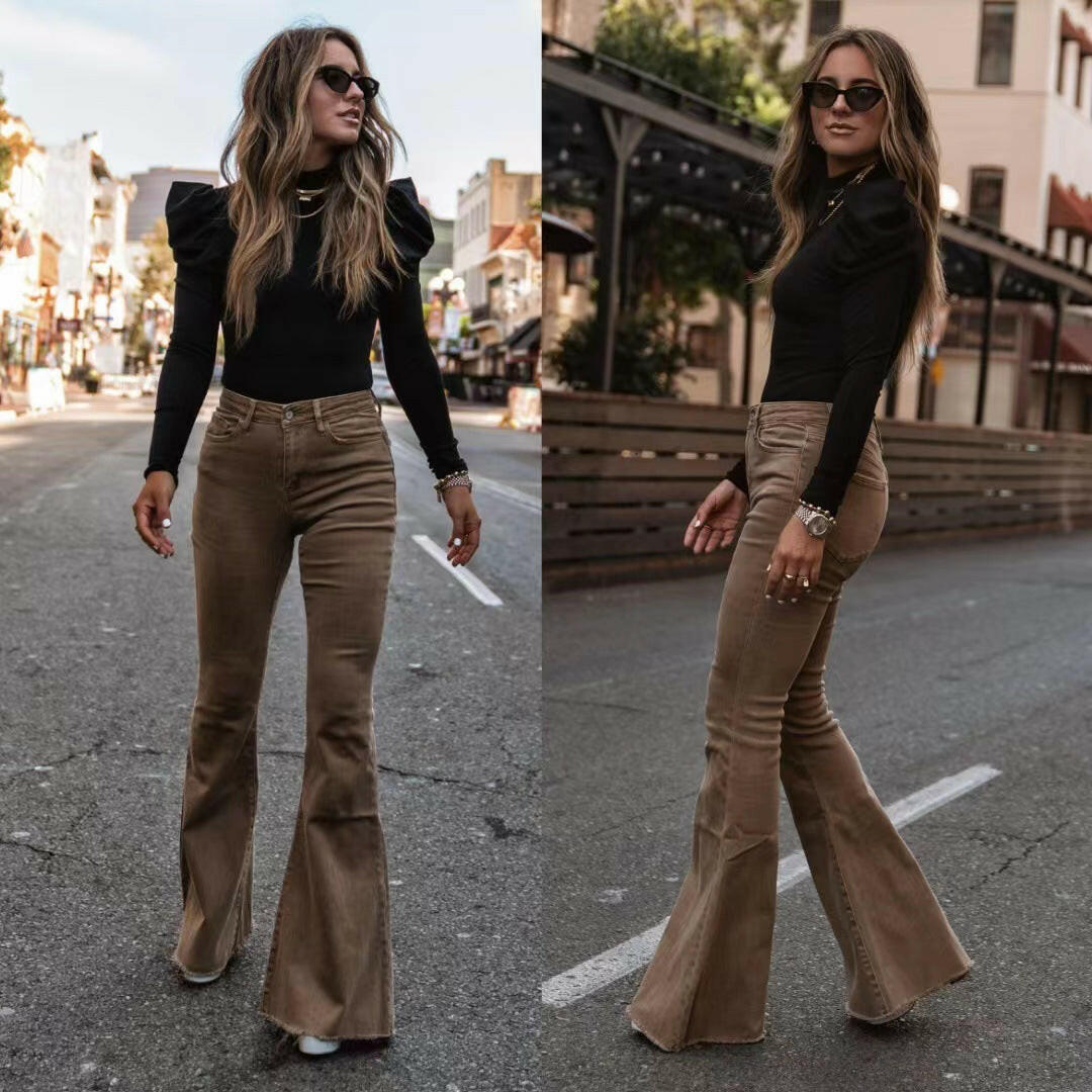 Solid Color Mid-waist Slim-fit Micro Flared Pants Corduroy.