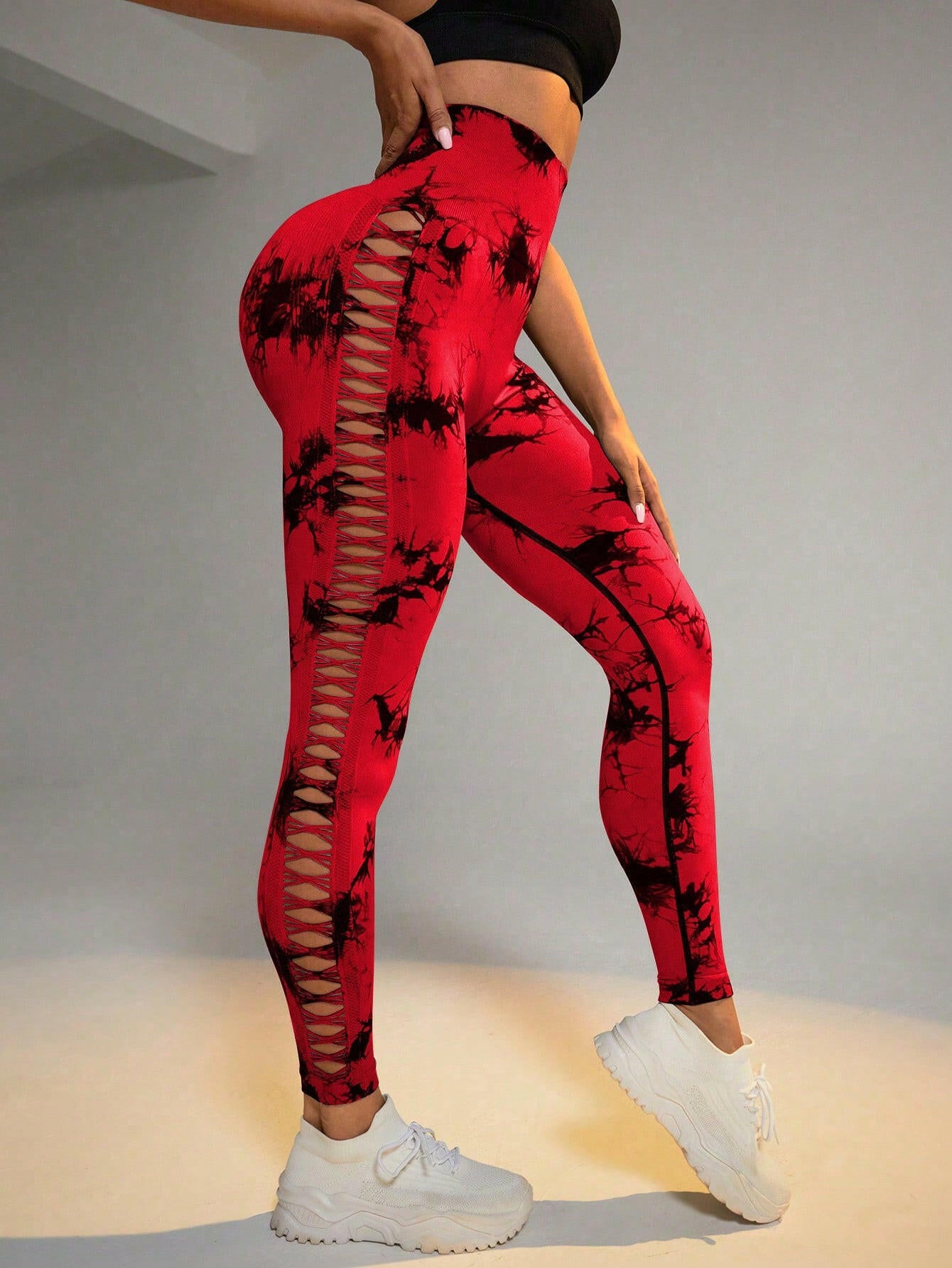 Hollow Tie Dye Printed Yoga Pants High Waist Butt Lift Seamless Sports Gym Fitness Leggings Slim Pants For Women Tight Trousers.