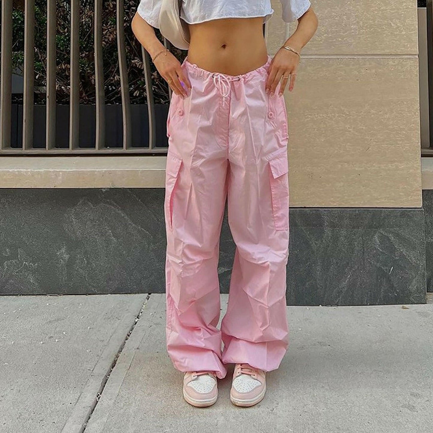 Casual Cargo Pants For Women Solid Color Drawstring Pocket Design Fashion Street Trousers Girls.