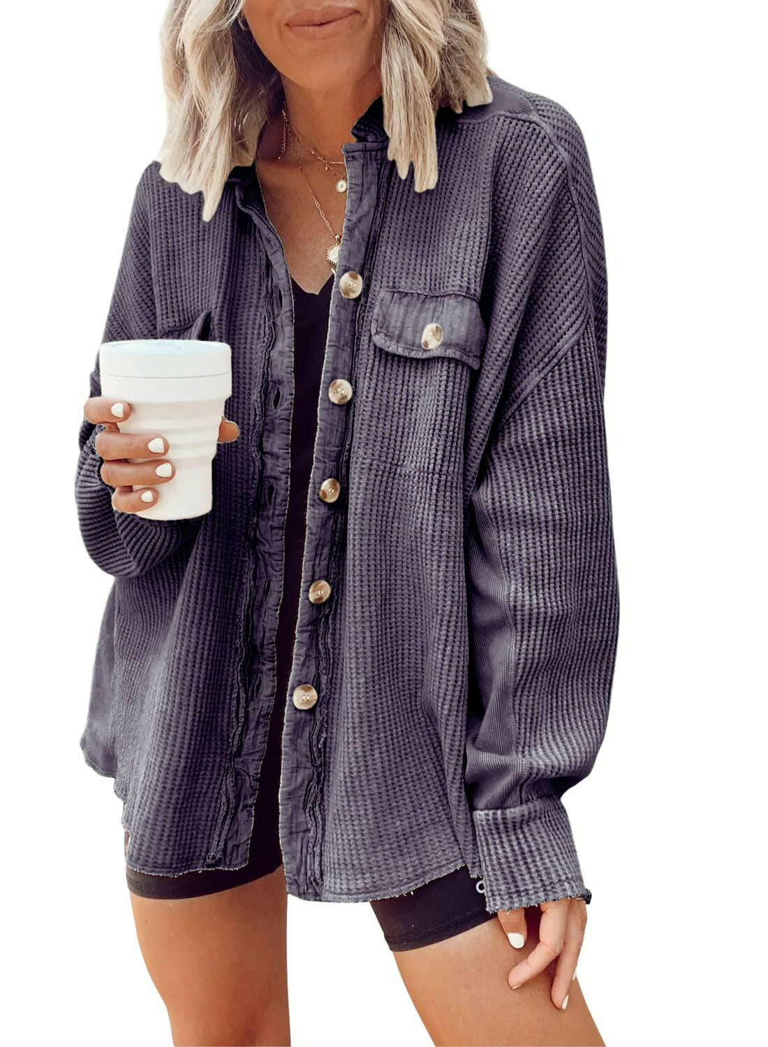 Button Shirt Jacket Women Lapel Long Sleeve Blouse Fashion Jacket Tops.