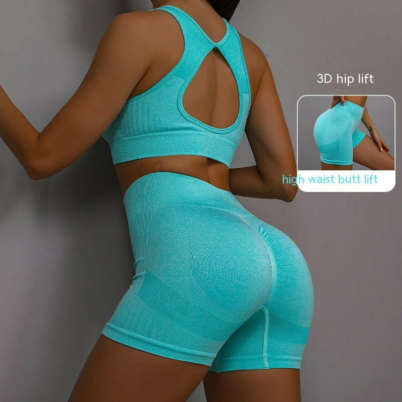 2pcs Sports Fitness Yoga Suit Breathable Hip-lifting Shorts And Hollow Out Back Bra Womens Clothing.