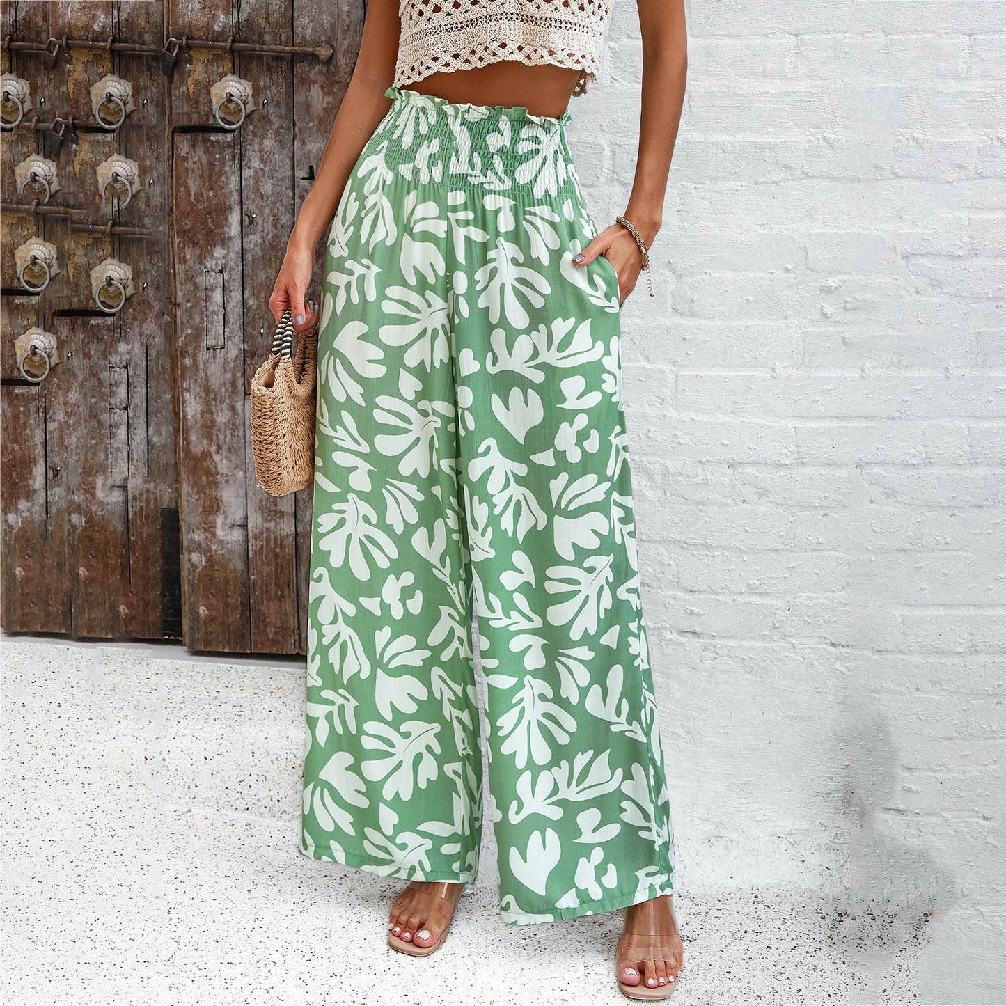 Elegant Printed Trousers Summer Loose Elastic High Waist Straight Pants For Beach Vacation Womens Clothing.