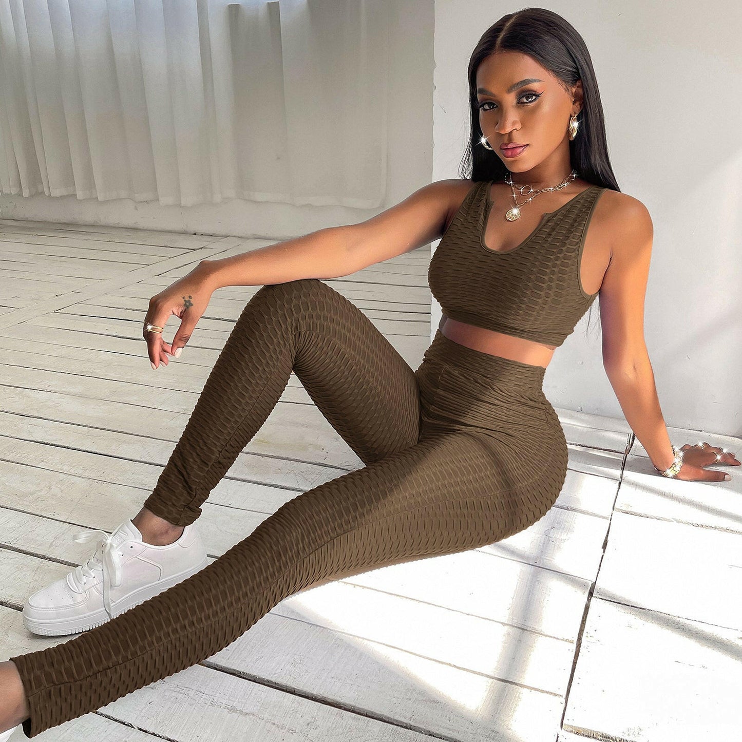 European And American Tight Sports Pineapple Lattice Suit Vest Suit Women.
