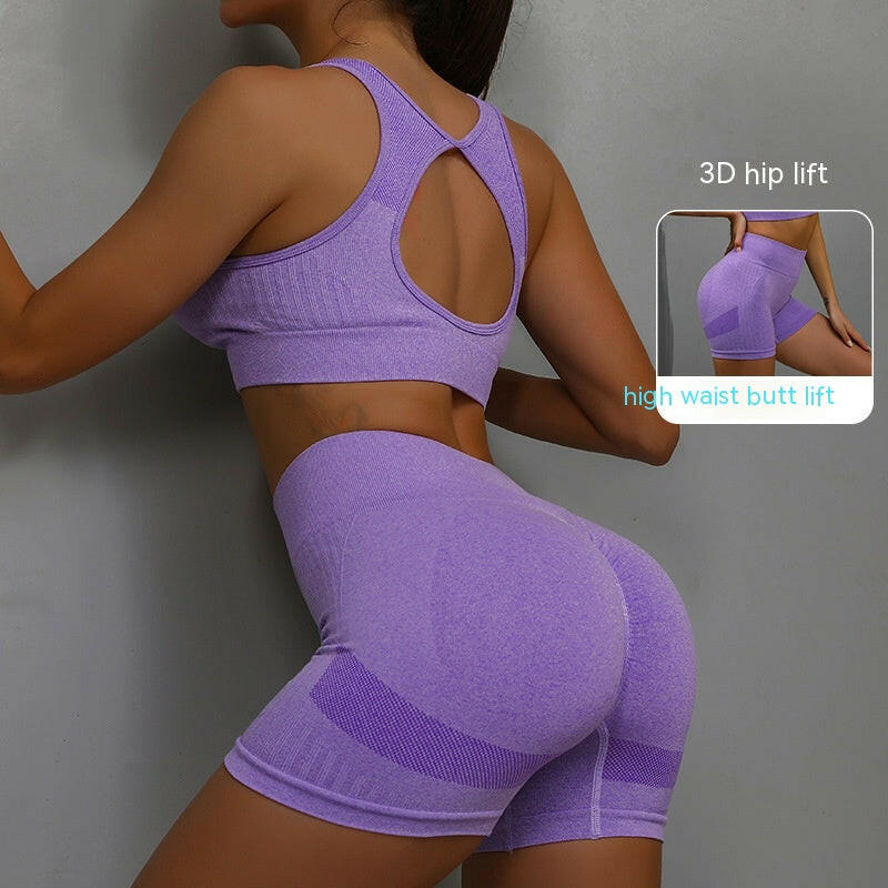 2pcs Sports Fitness Yoga Suit Breathable Hip-lifting Shorts And Hollow Out Back Bra Womens Clothing.