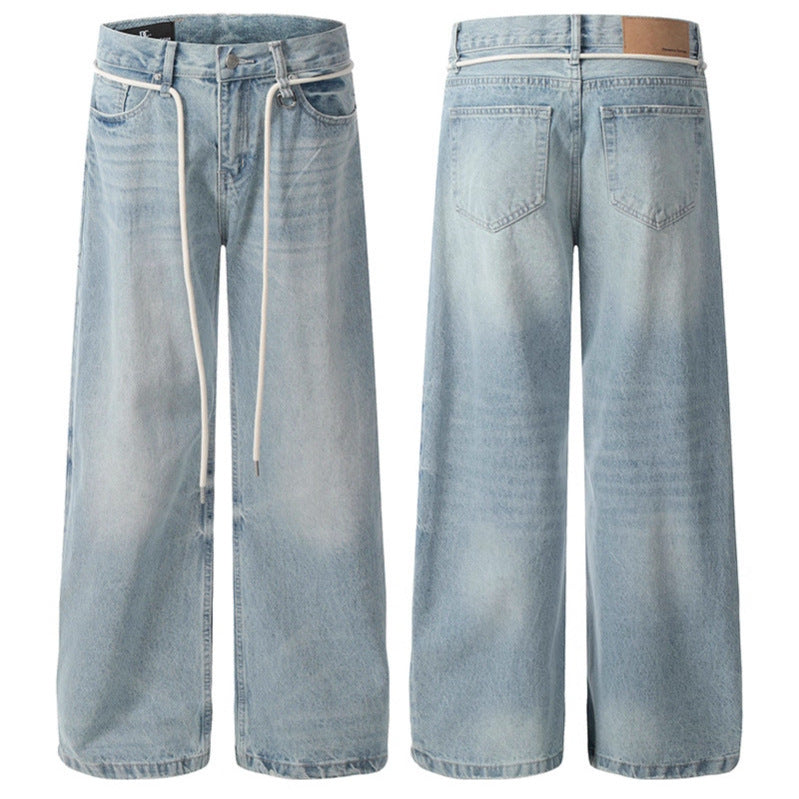 Wash and make old corrugated drawstring wide leg blue denim jeans