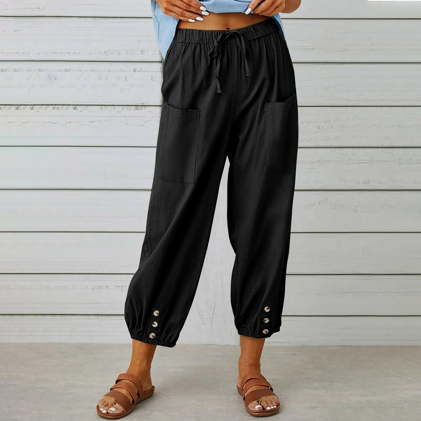 Women Drawstring Tie Pants Spring Summer Cotton And Linen Trousers With Pockets Button.