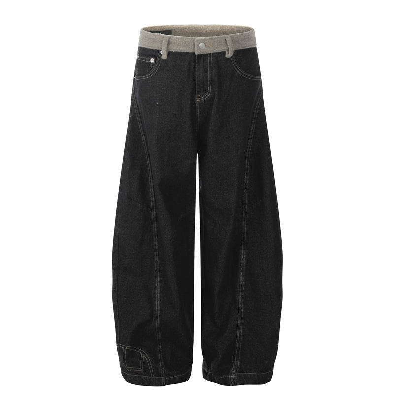 Street Style Reversible Design Men's Jeans Water Washed Vintage Waist Spliced Fleece Straight Leg Wide Leg Tapered