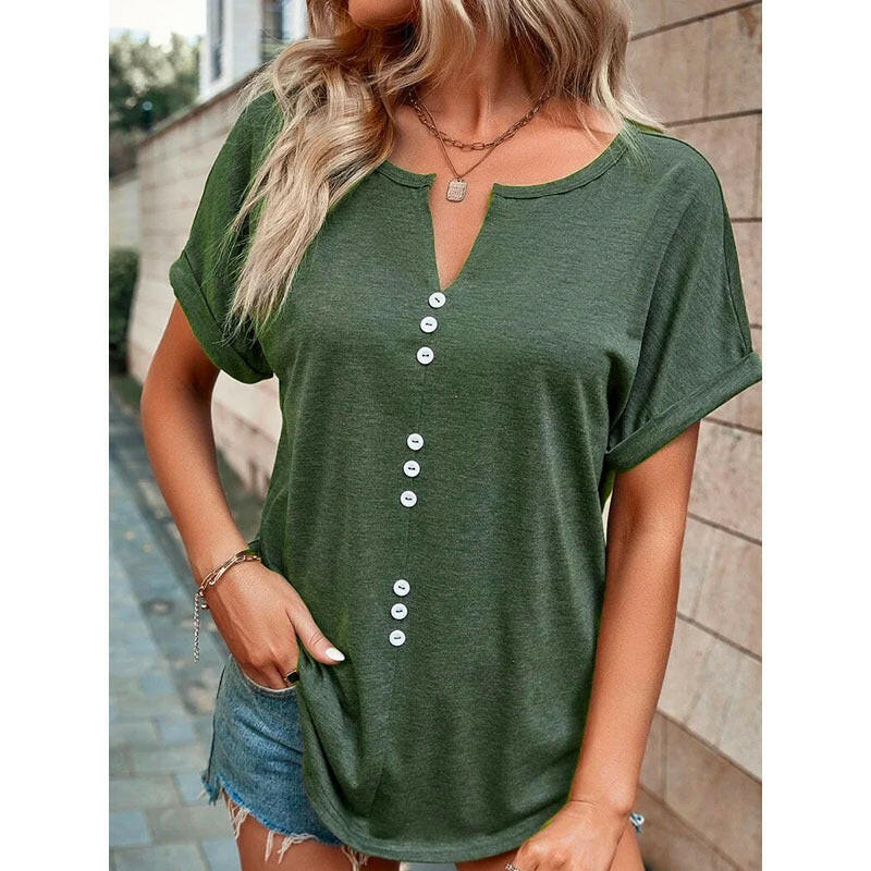 V-neck Short Sleeve Tops Shirt Summer Button Design Blouse.